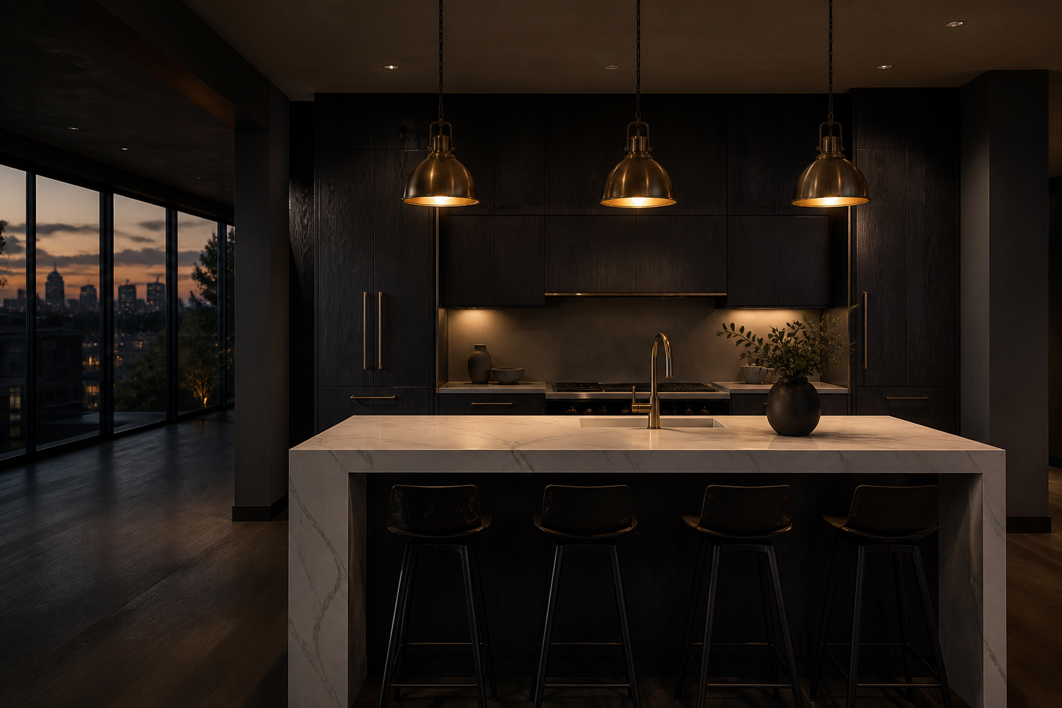 Renovated Dymond Built kitchen — dark joinery, brass fittings, stone island